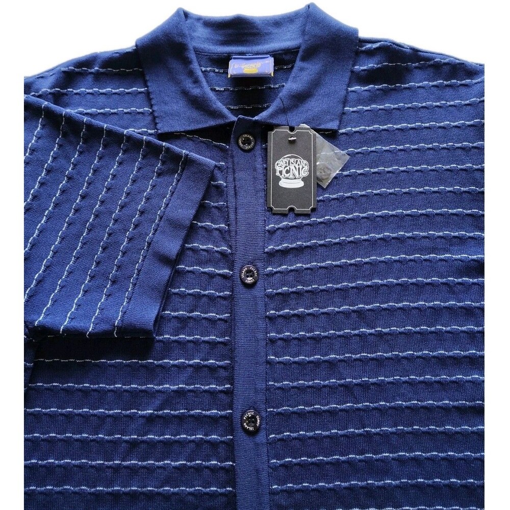 NWT Coney Island Picnic Men's Large Polo Striped Knit Button Shirt Blue Coastal